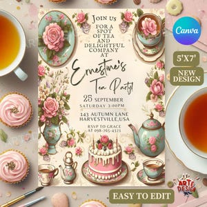 Tea Party Invitation, Editable Tea Party Invitation, Digital Tea Party Invitation, Flower  and Tea Invitation, Vintage Tea Party Invitation