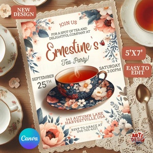 Tea Party Invitation, Editable Tea Party Invitation, Digital Tea Party Invitation, Flower  and Tea Invitation, Vintage Tea Party Invitation