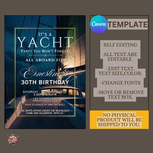 May include: A blue and gold invitation for a 30th birthday party on a yacht. The invitation says "It's a Yacht Party You Won't Forget!" and "All Aboard for Ernestine's 30th Birthday". The invitation includes the date, time, address, and RSVP information.