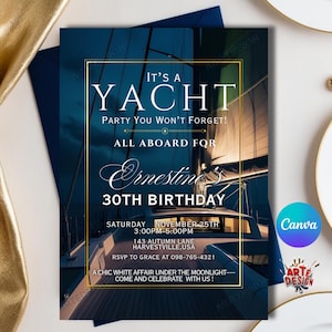 Verjaardagsuitnodiging jachtfeest, bewerkbare bootverjaardagsuitnodiging, uitnodiging feest voor volwassenen, uitnodiging bootfeest, uitnodiging jacht, zee