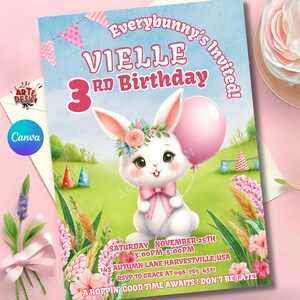 Bunny Birthday Invitation, Easter Birthday Party Invitation, girl Bunny Invitation Kid Birthday, watercolor Bunny Birthday Party Invitation