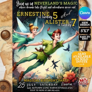 Convite de aniversário de Peter e Tinker, convite de festa de aniversário de Neverland, convite de Peter para aniversário de criança, convite de aniversário de irmãos