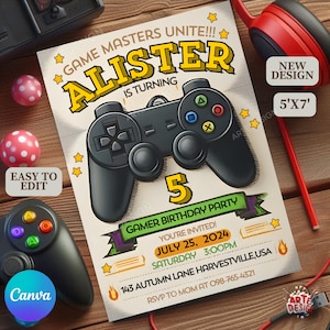 Invito di compleanno per giocatori, invito per festa di compleanno di Game On, invito per videogioco di compleanno per bambini, invito di compleanno per giocatori modificabile