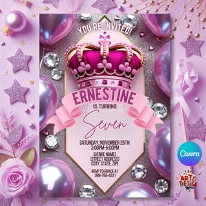 Crown Birthday Invitation, Editable Royal Party Invitation, Digital Pink Crown Invitation, Pink Invitation, Princess Birthday Party Invite