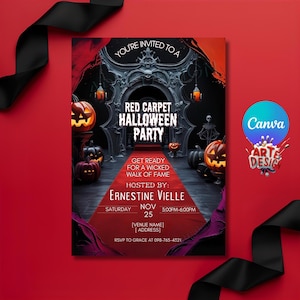 May include: A Halloween party invitation with a red carpet theme. The invitation features a spooky scene with pumpkins, a skeleton, and an ornate archway. Text includes "Red Carpet Halloween Party" and event details.