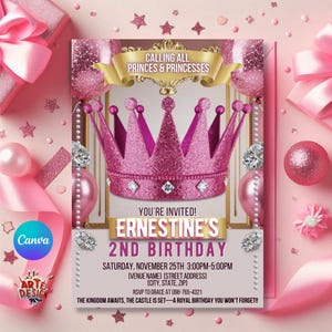 Crown Birthday Invitation, Editable Royal Party Invitation, Digital Pink Crown Invitation, Pink Invitation, Princess Birthday Party Invite
