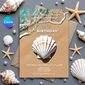 Invitación de cumpleaños de playa, invitación de cumpleaños de conchas, invitación de costa de mar, invitación de fiesta de cumpleaños, invitación de conchas marinas, invitación al océano