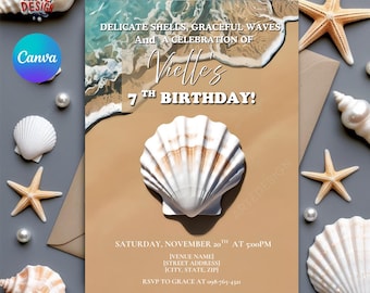 Beach Birthday Invitation, Shell Birthday Invitation, Shore Sea Invitation, Birthday Party Invitation, Sea shell Invitation, Ocean invitatio
