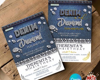 Faire-part d'anniversaire en denim, faire-part de fête en denim et diamants, faire-part en denim pour adulte, faire-part d'anniversaire diamants, invitation élégante