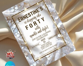 Invitación blanca y dorada, invitación de fiesta elegante editable, invitación digital blanca y dorada, invitación blanca, invitación de cumpleaños, invitación glamurosa