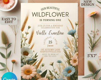 Wildflower Birthday Invitation, Wildflower Birthday Party Invitation, Wild Flower Invitation Birthday, Wild One Birthday Invitation, Flower