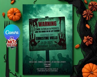 May include: A Halloween invitation with a warning sign stating "Zombie Outbreak in Progress." The invitation includes the date, time, and dress code. The design features pumpkins, a black net, and a green background.