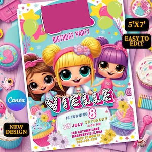 Kleine Puppen-Geburtstagseinladung, rosa Puppen-Geburtstagsparty-Einladung, Lolol-Einladung zum Kindergeburtstag, kleine rosa Puppen-Geburtstagseinladung
