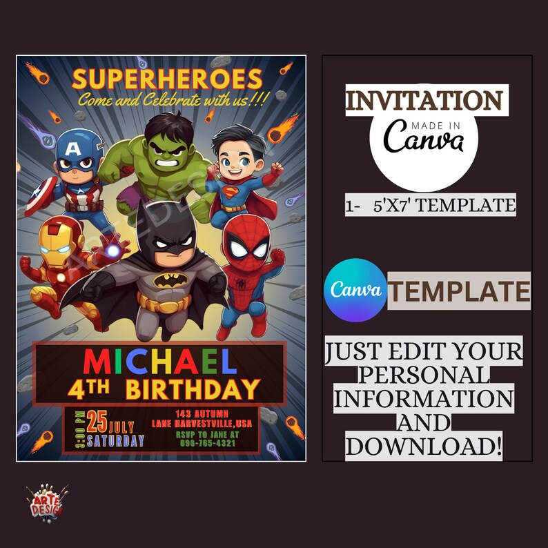 May include: A colorful invitation for a superhero themed 4th birthday party. The invitation features a group of cartoon superheroes including Superman, Batman, Spiderman, Iron Man, Hulk, and Captain America. The invitation includes the text "SUPERHEROES Come and Celebrate with us!!!" and "MICHAEL 4TH BIRTHDAY".