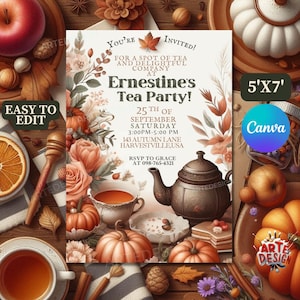 Fall Tea Party Invitation, Editable Tea Party Invitation, Digital Tea Party Invitation, Flower  and Tea Invitation, Fall Tea Party Invitatio
