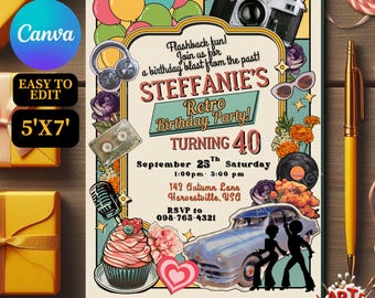 Invitación de cumpleaños retro, invitación de fiesta retro editable, invitación retro, invitación de fiesta retro vintage, invitación retro para adultos o niños