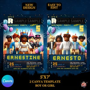 Editable Birthday Party Invitation, Robloox Birthday Invitation, Robloox Party Invitation, Birthday Invitation Template, Roblo Brown Kids
