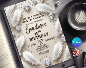 Fjäder- och diamantfödelsedagsinbjudan, diamantglamorös inbjudan, diamantinbjudan födelsedag, födelsedagsinbjudan, glamourfestinbjudan