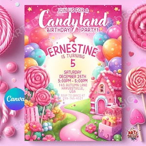 Süße Feier-Geburtstags-Einladung, Candy-Geburtstags-Party Einladung, süße Einladung Kindergeburtstag, Land der süßen Geburtstagseinladung