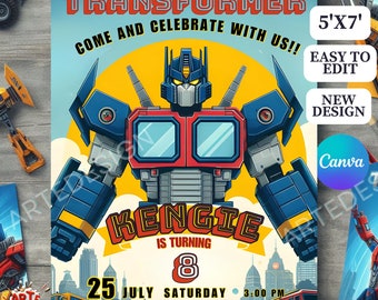 May include: A Transformers-themed birthday invitation with a cartoon image of Optimus Prime, a robot with a red chest and blue arms and legs. The invitation is for a boy named Kengie who is turning 8 years old. The invitation includes the date, time, and location of the party. It also includes the text "Calling all Transformers! Come and celebrate with us!" and "Easy to edit, New Design".
