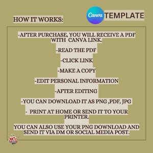 May include: A green and brown graphic with the text "HOW IT WORKS:" and a list of instructions on how to use a Canva template. The text includes "AFTER PURCHASE, YOU WILL RECEIVE A PDF WITH CANVA LINK." and "YOU CAN DOWNLOAD IT AS PNG, PDF, JPG".