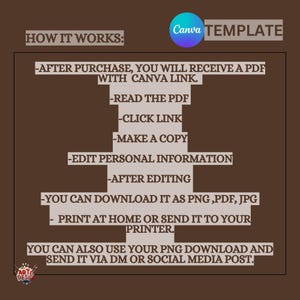 May include: A brown background with white text explaining how to use a Canva template. The text says "HOW IT WORKS:" and then lists steps: "AFTER PURCHASE, YOU WILL RECEIVE A PDF WITH CANVA LINK." "READ THE PDF" "CLICK LINK" "MAKE A COPY" "EDIT PERSONAL INFORMATION" "AFTER EDITING" "YOU CAN DOWNLOAD IT AS PNG, PDF, JPG" "PRINT AT HOME OR SEND IT TO YOUR PRINTER." "YOU CAN ALSO USE YOUR PNG DOWNLOAD AND SEND IT VIA DM OR SOCIAL MEDIA POST."