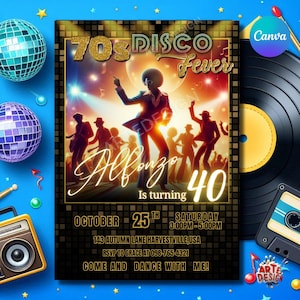 Disco Fever verjaardagsuitnodiging, bewerkbare 70s disco party uitnodiging, volwassen disco uitnodiging, disco party uitnodiging, 70s disco voor jongen