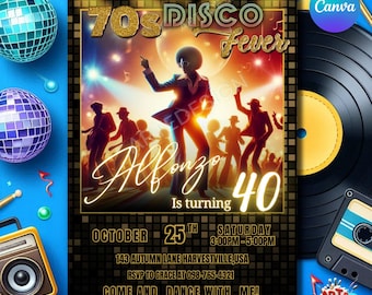 May include: A 70s disco themed birthday party invitation with a gold and black background. The invitation features a silhouette of a person dancing in a disco outfit. The text on the invitation reads "70s Disco Fever" and "Alonzo is turning 40".