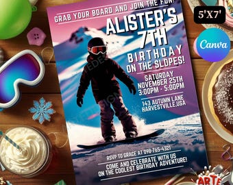 May include: A birthday invitation for a 7th birthday party with a winter sports theme. The invitation features a snowboarder on a snowy mountain with a blue and pink gradient background. The text on the invitation reads "Grab your board and join the fun! Alister's 7th Birthday on the Slopes! Saturday November 25th 3:00pm - 5:00pm 143 Autumn Lane Harvestville, USA RSVP to Grace at 098-765-4321 Come and celebrate with us on the coolest birthday adventure!"