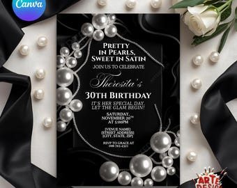 Invitación para fiesta de perlas y satén, invitación para fiesta glamurosa, invitación de cumpleaños con perlas, cumpleaños para adultos, invitación de cumpleaños elegante, invitación con clase