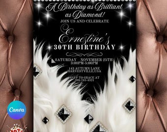 Editable Elegant Birthday Invitation, Diamond Glam Invitation, Diamond Invitation Birthday, Birthday Invitation, Black Glam Party Invitatio