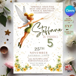 Invitación de cumpleaños de Tinker Be, invitación de fiesta de cumpleaños de Fairy Tink Bell, invitación de Tinker para cumpleaños de niños, invitación de cumpleaños de Tinker