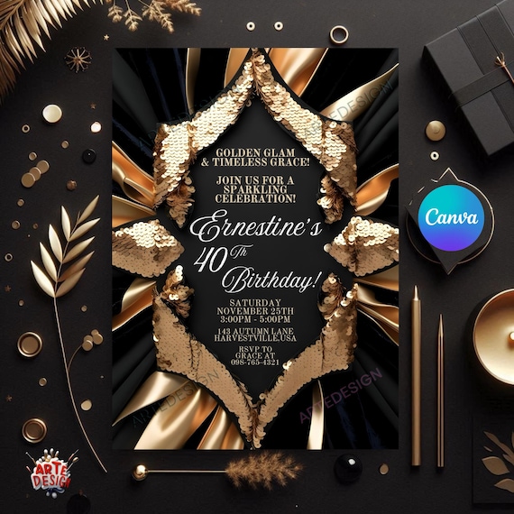 Black and Gold Invitation, Editable Elegant Party Invitation, Digital black Gold Invitation, Black Invitation, Birthday Invitation, Glam Inv