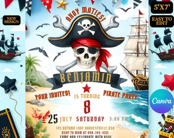 May include: Ahoy Mateys! Pirate party invitation with a skull and crossbones, a pirate ship, and a treasure chest. The invitation is for Benjamin's 8th birthday party on July 25th at 3:00 PM. RSVP to Mom at 098-765-4321. Come and celebrate with us!