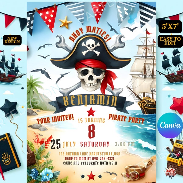 Faire-part d'anniversaire pirate, faire-part de fête d'anniversaire pirate, faire-part d'anniversaire d'enfant pirate, faire-part d'anniversaire pirates ahoy modifiable Invi