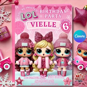 Kleine Puppe-Geburtstags-Einladung, Rosa Puppe-Geburtstags-Party Einladung, Lola Einladung Kinder-Geburtstag, Winter Kleine Puppe-Geburtstags-Einladung