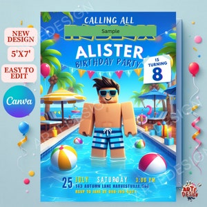 Może przedstawiać: Niebieskie i zielone zaproszenie na przyjęcie urodzinowe z postacią z kreskówki w basenie. Zaproszenie zawiera napis "Calling All" i "Alister Birthday Party is turning 8".