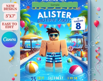 Editable oblox pool party invitation , Roblo Birthday Invitation, Roblo Party Invitation, Birthday Invitation Template, Roblo Invite