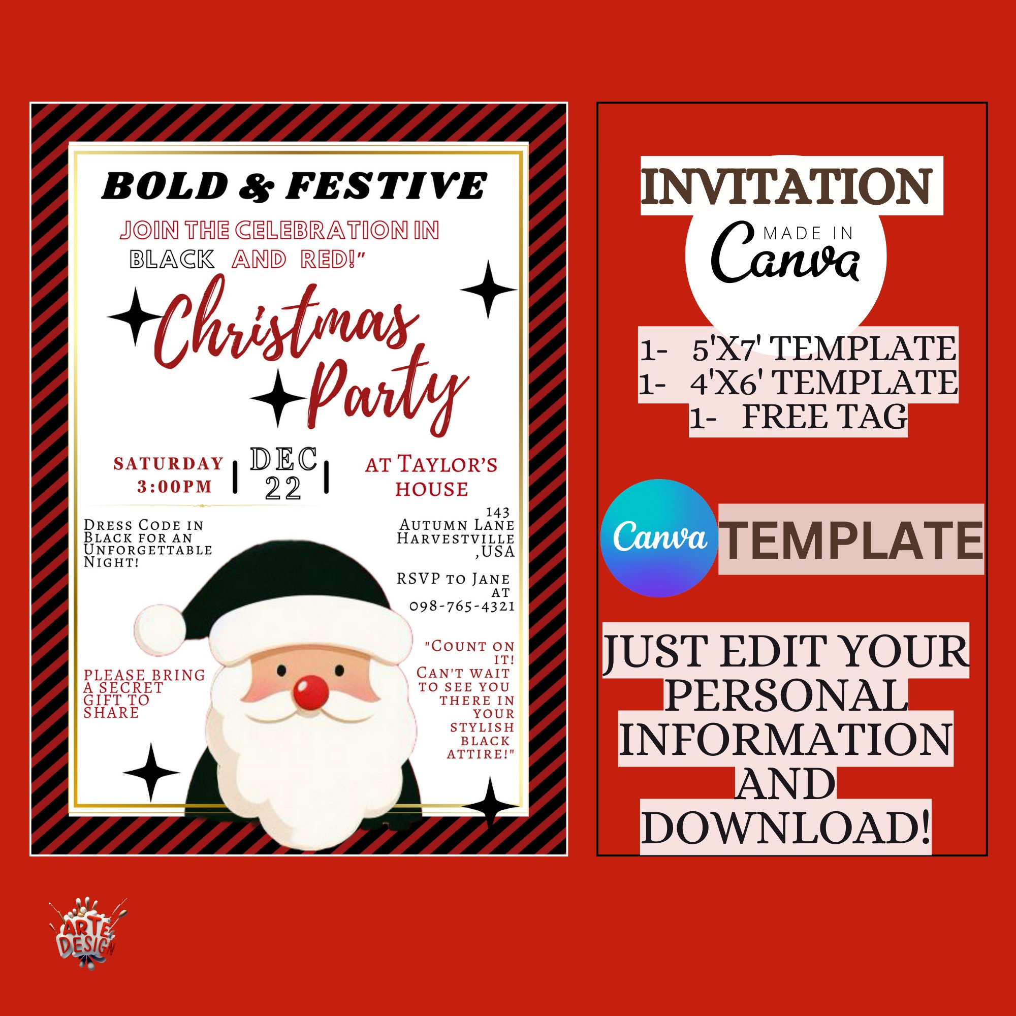 Digital Christmas Party Invitation, Bold Christmas Party, Editable