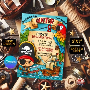 Invito di compleanno pirata, Invito festa di compleanno pirata, Invito pirata Compleanno bambino, Invito compleanno pirata Ahoy Invi modificabile