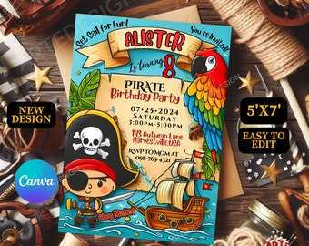 May include: A colorful invitation for a pirate-themed birthday party for a child named Alister turning 8. The invitation features a cartoon pirate with an eyepatch, a parrot, a ship, and a treasure map. The text on the invitation reads "Set Sail for Fun! Alister is turning 8. Pirate Birthday Party. 07-25-2024 Saturday 3:00PM-5:00PM 143 Autumn Lane Harvestville, USA RSVP to Mom at 098-765-4321. You're Invited!"