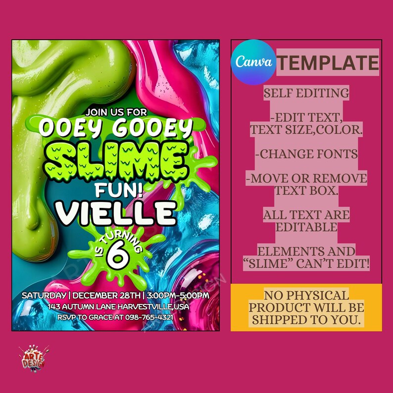 May include: A vibrant birthday party invitation with a slime theme. The design features green, pink, and blue slime art with the text "Ooey Gooey Slime Fun!" and event details. The Canva template is self-editable.