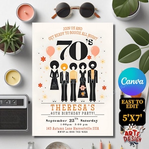 Convite de aniversário dos anos 70, convite para festa retrô editável, convite retrô, convite para festa retrô vintage, convite minimalista dos anos 70