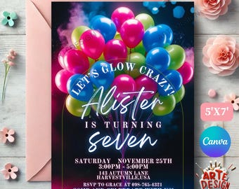 May include: A birthday invitation with a neon glow theme. The invitation features a colourful balloon arch with the text "Let's Glow Crazy! Alister is turning Seven" in a neon font. The invitation also includes the date, time, and location of the party.