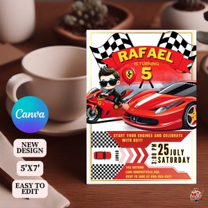 Rode Motor verjaardagsfeestje uitnodiging, auto verjaardagsuitnodiging, race auto verjaardagsuitnodiging, auto thema verjaardagsuitnodiging, autorace verjaardag