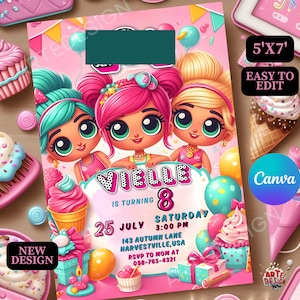 Kleine Puppe-Geburtstags-Einladung, rosa Puppe-Geburtstags-Party Einladung, Lolol Einladung Kinder-Geburtstag, kleine rosa Puppe-Geburtstags-Einladung