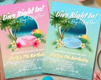 Uitnodiging voor zwembadfeest, verjaardagsuitnodiging voor zwembadfeest, bewerkbare uitnodiging voor zwembadfeest Uitnodiging voor kinderfeestje, uitnodiging voor zwembadfeest voor volwassenen