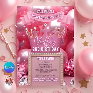 Crown Birthday Invitation, Editable Royal Party Invitation, Digital Pink Crown Invitation, Pink Invitation, Princess Birthday Party Invite