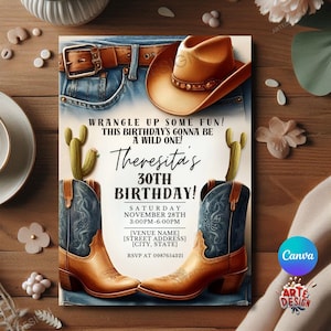 Invito di compleanno western, invito per festa di compleanno in denim e stivali, invito di compleanno country, invito di compleanno western da cowboy,