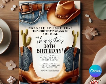 Western Birthday Invitation, denim and boots Birthday Party Invitation, Country Invitation Birthday, Western Cowboy Birthday Invitation,
